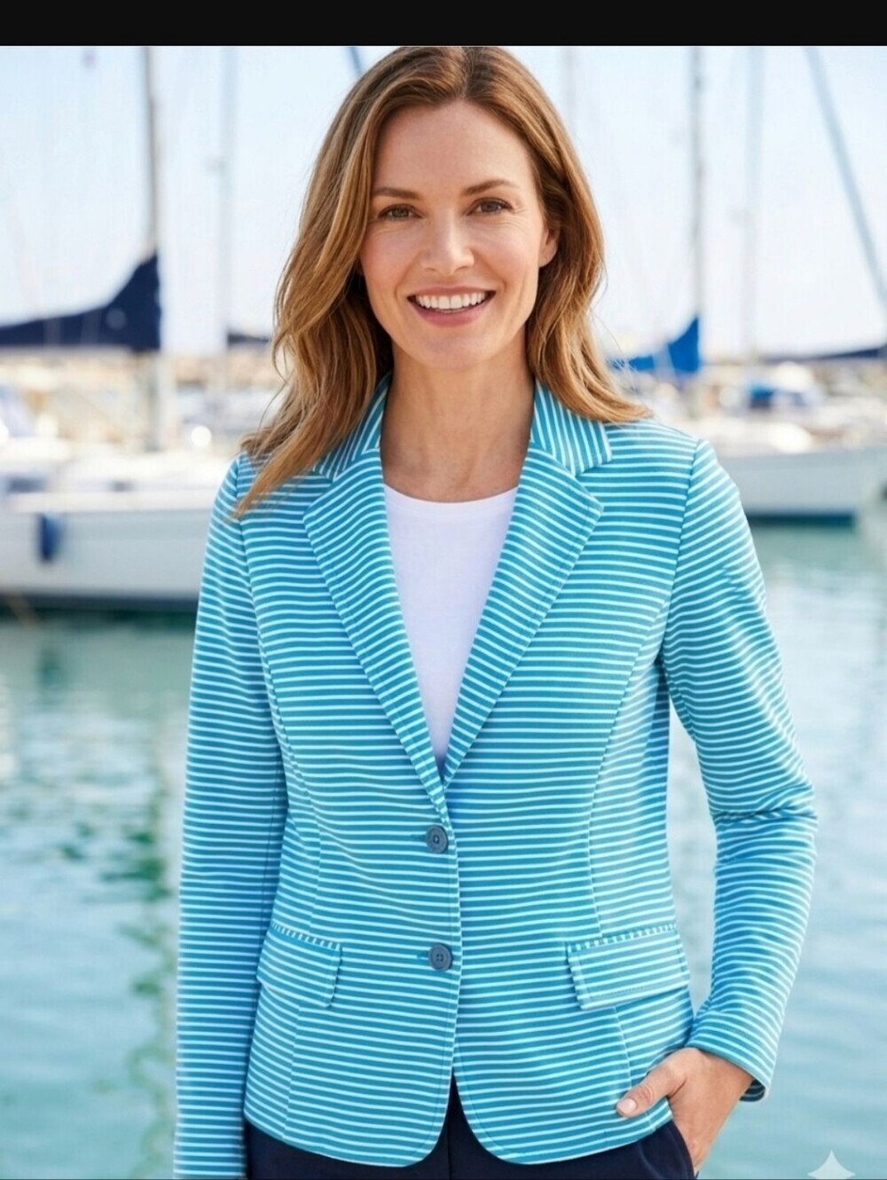 Talbots NWOT Turquoise White Striped 2 Button Cotton Blend Blazer Size M - Picture 4 of 8